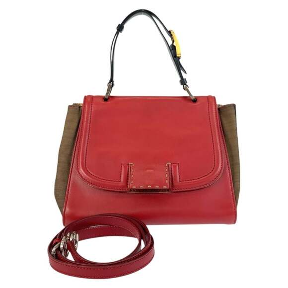 FENDI Handbags - FENDI Pecan Silvana Red Brown Leather Canvas Handbag/Shoulder Bag 2-Way Women's